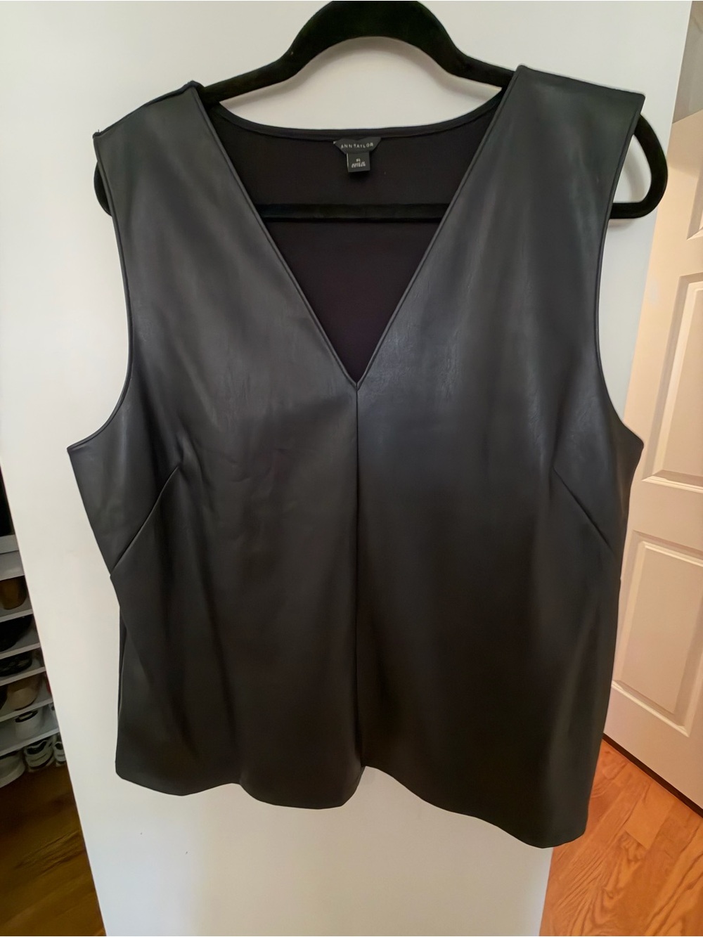 Ann Taylor Black Faux Leather V-Neck Shell Top